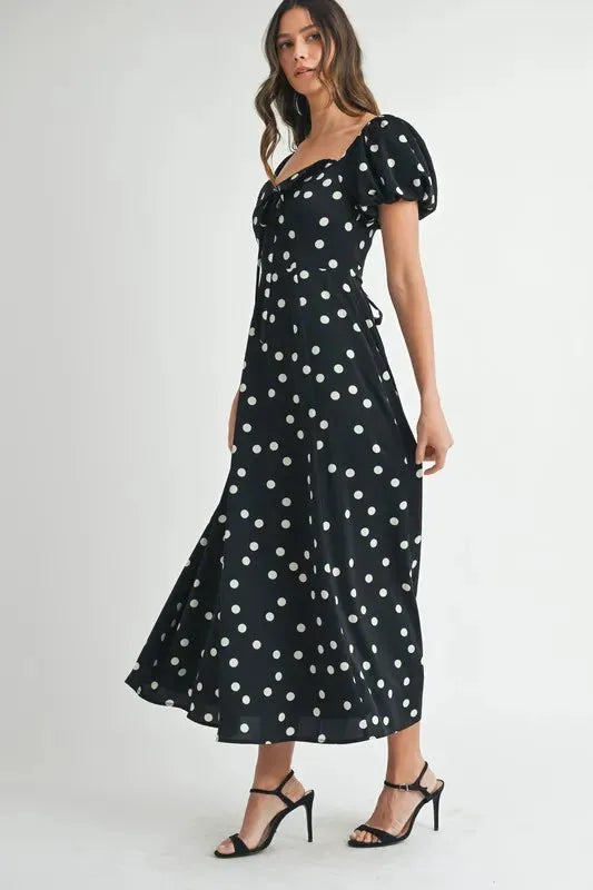 Polka Dot Puff Sleeve Midi Dress: Timeless Elegance for Any Occasion in Black