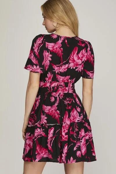Printed Notched Short Sleeve Frill Tiered Black Dress - Effortless in Style