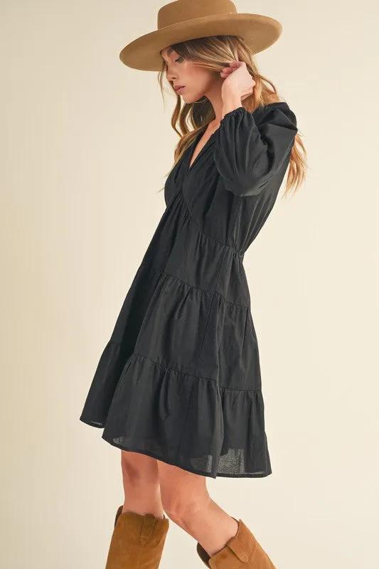 Notched Balloon Sleeve Tiered Mini Dress