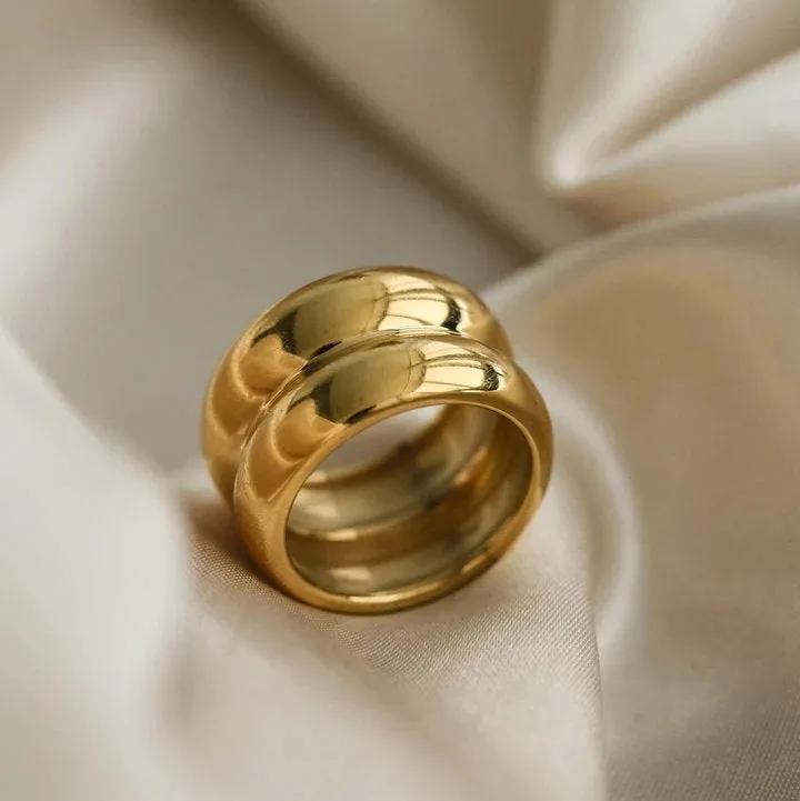 Gold Double Ridge Ring - Titanium Steel Minimalist Statement Band