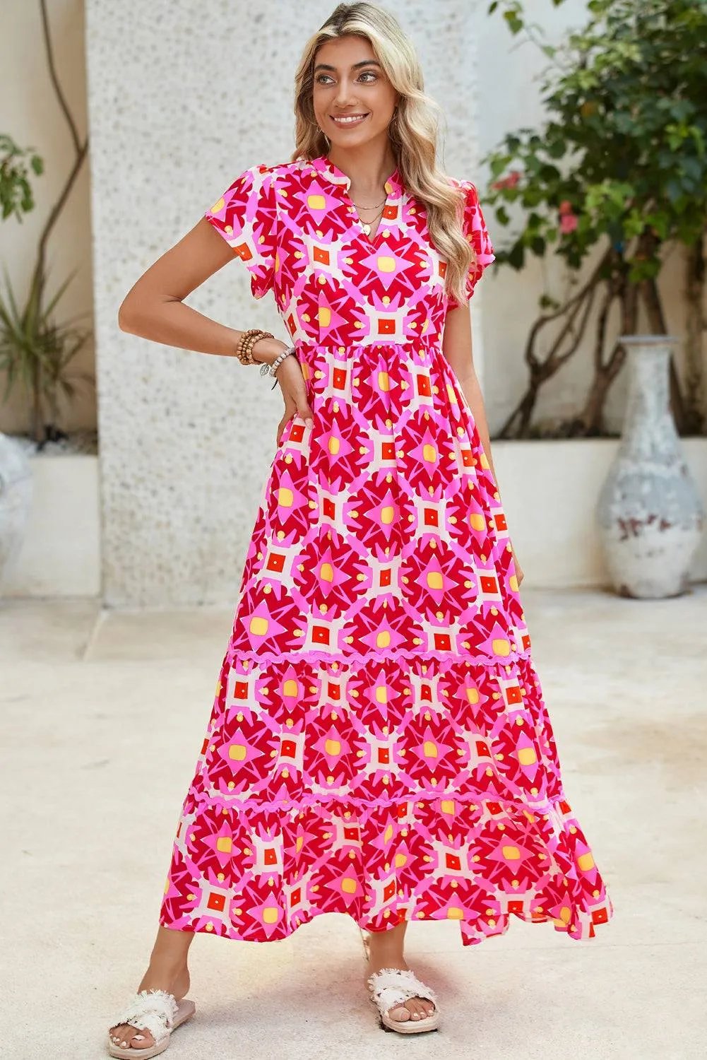 Abstract Print Maxi Dress – Vibrant Pink Boho Style with Flounce Sleeves & Pleated Detail