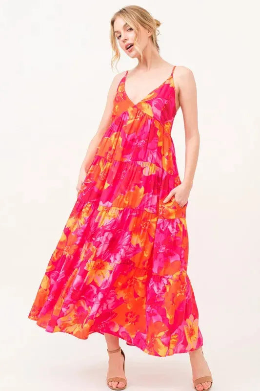 Floral Tiered Maxi Cami Dress with Pockets