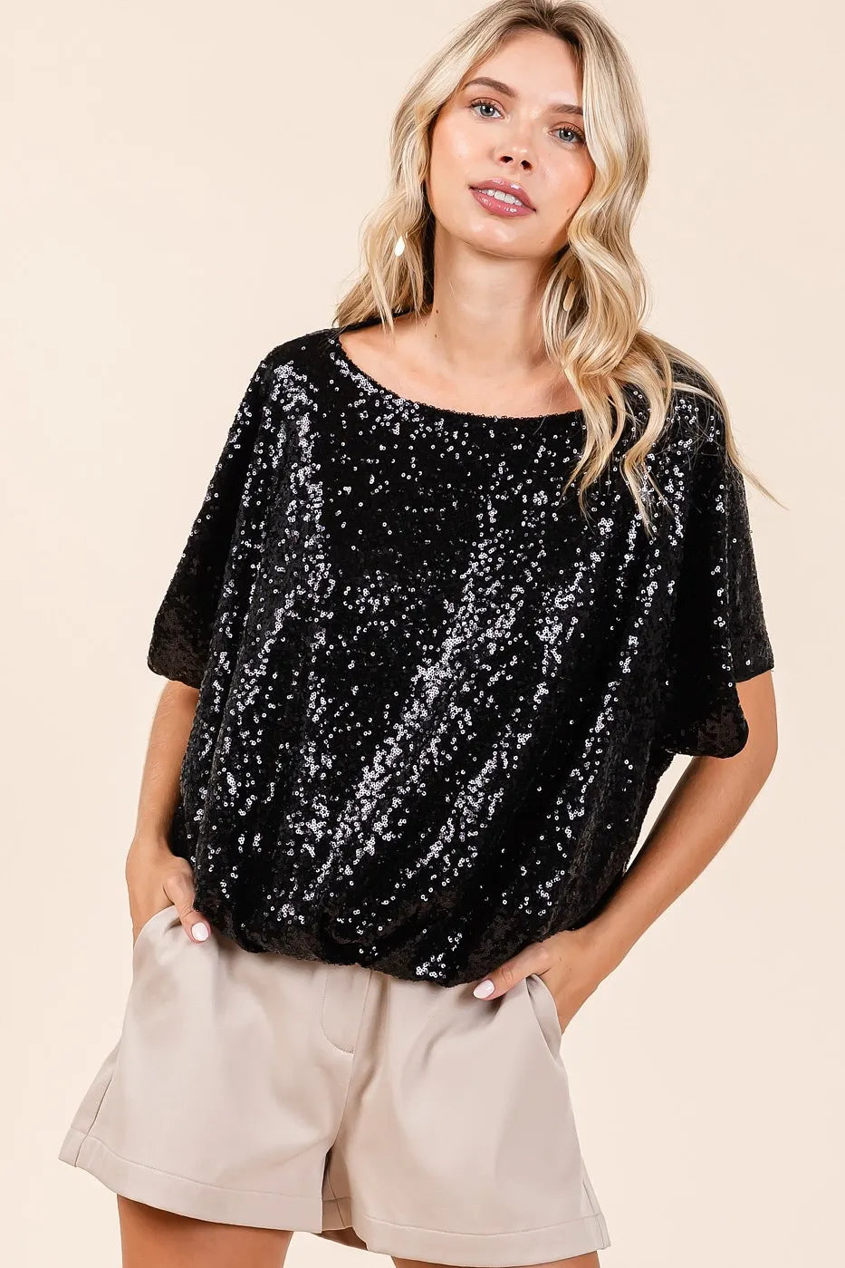 Sequin Short Sleeve Top with Elastic Band Hem – Sparkling Glamour Black Blouse Jewelry Bubble