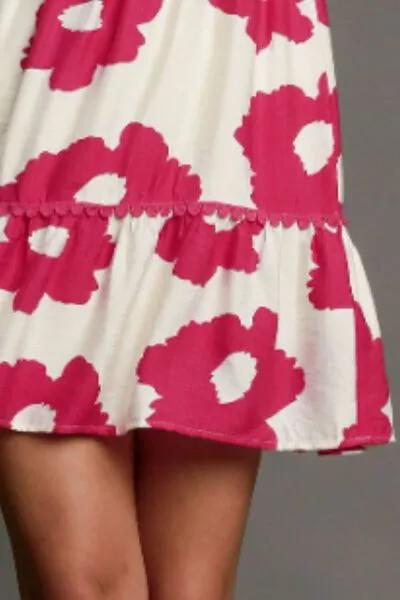 Contrast Floral Short Sleeve Deep Rose Mini Dress