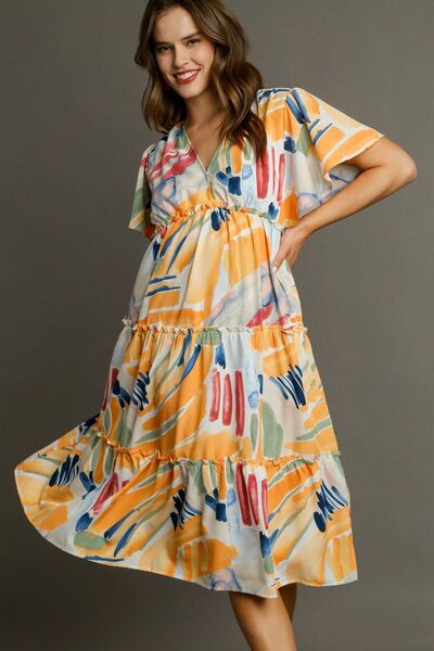 Abstract Print Flutter Sleeve Frill Tiered Midi Dress Trendsi
