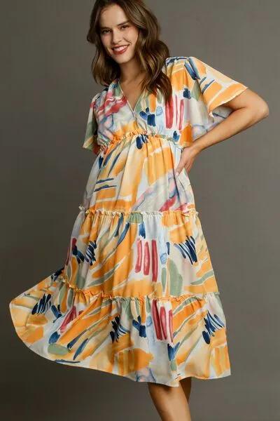 Abstract Print Flutter Sleeve Frill Tiered Midi Dress