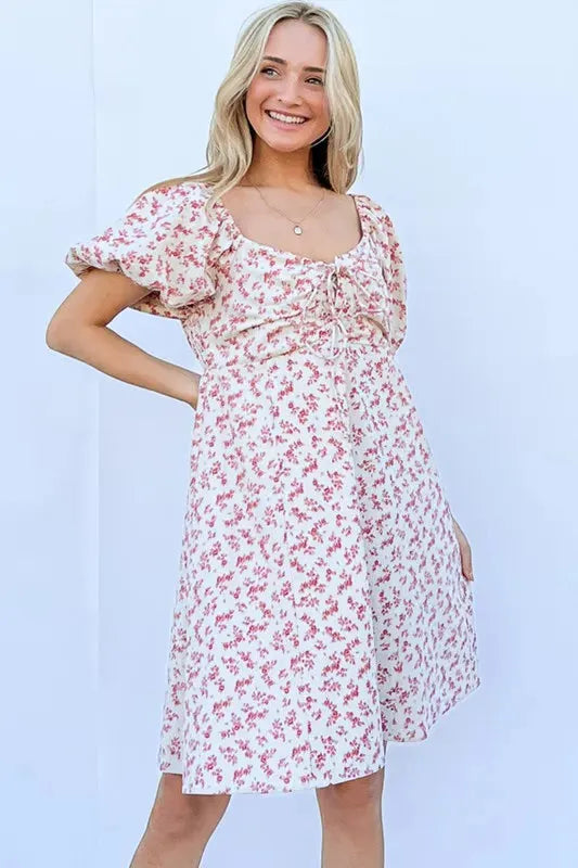 Lace-Up Front Puff Babydoll Dress – Romantic, Playful Boho Style