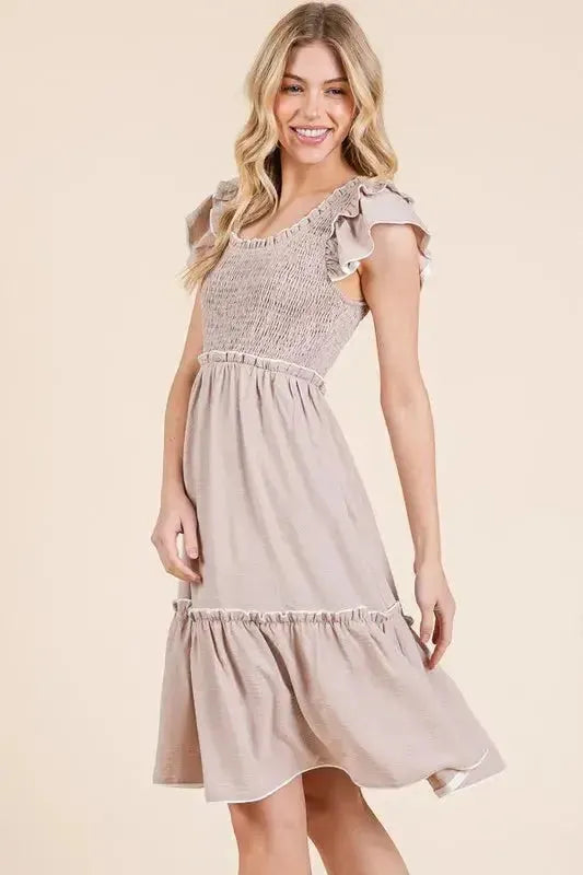 Make a Statement: Ruffle Trim Smocked Dress with Contrast Design in Taupe Color
