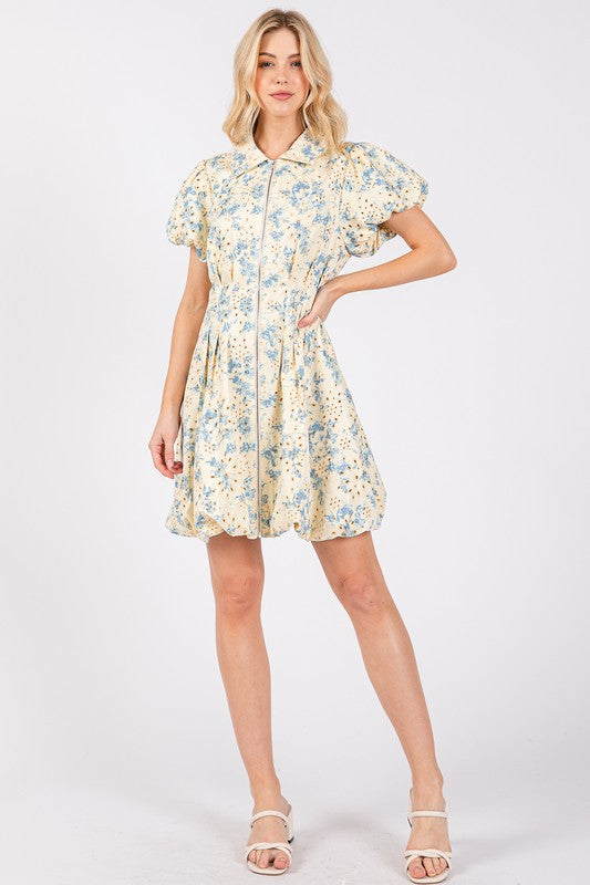 GeeGee Floral Eyelet Zipper Front Puff Sleeve Mini Dress Trendsi