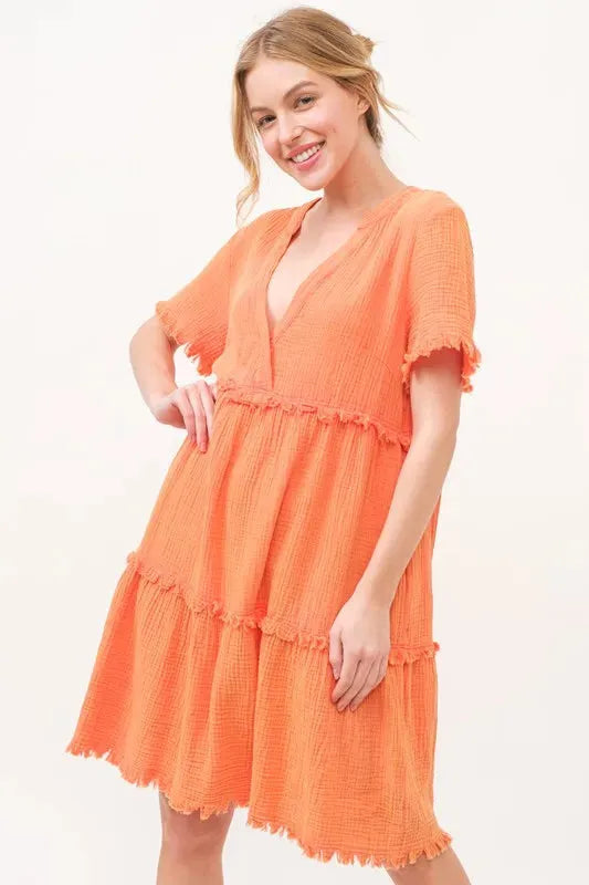 Washed Frayed Detail Tiered Orange Dress – Effortless, Trendy Everyday Style