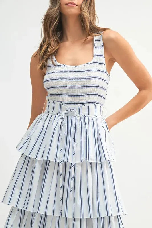 Pinstripe Smocked Bodice Layered Midi Dress – Chic & Versatile