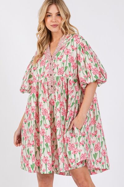 Floral Half Button Notched Puff Sleeve Pink Dress - Shop This Stylish Look Today Trendsi