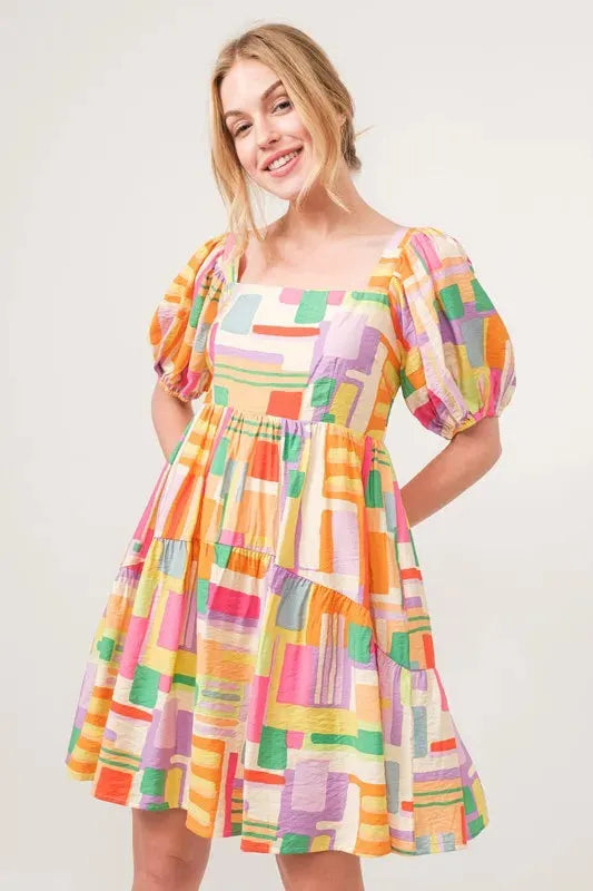 Square Neck Puff Sleeve Geo Printed Mini Dress – Bold, Modern Statement Style