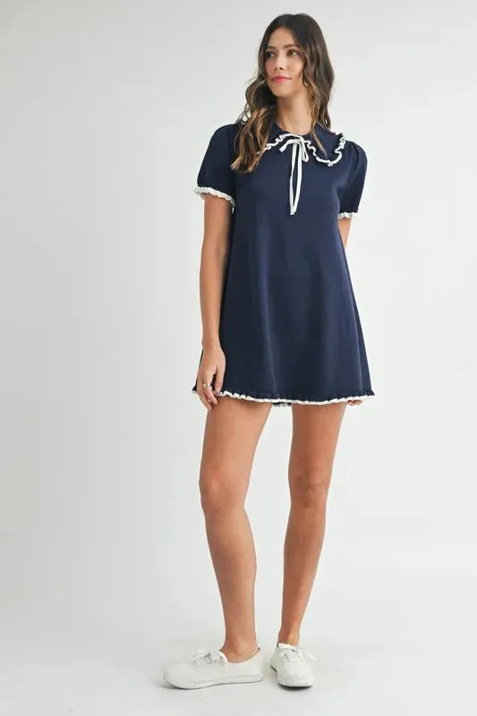 Ruffle Trimmed Collar Fine Knit Mini Dress – Sophisticated & Chic