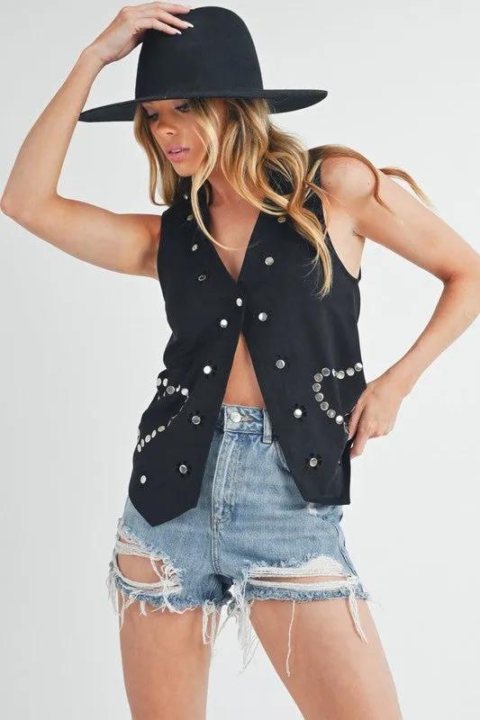 Heart Rivet Black Suede Vest | Stylish Detail