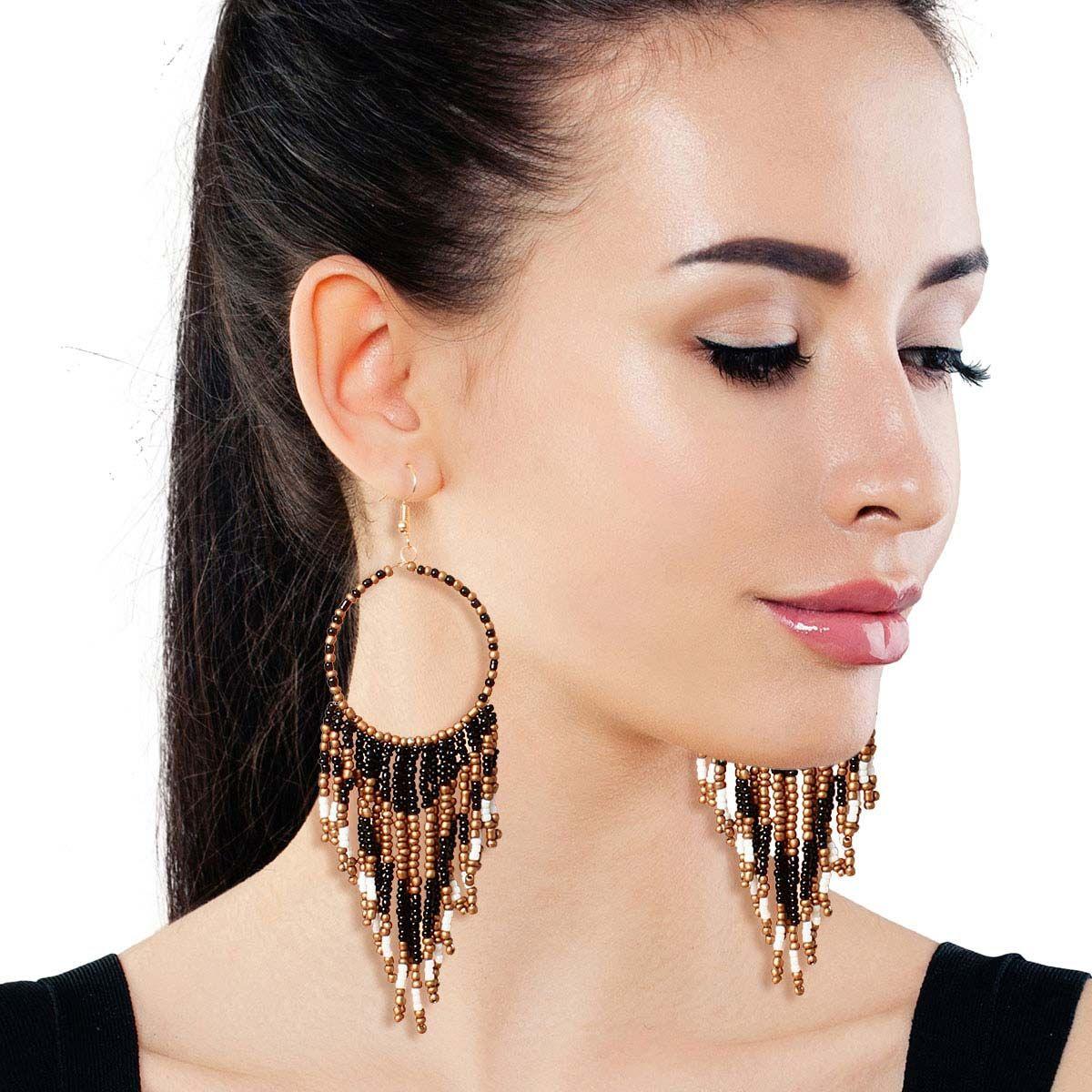 Add Some Glam to Your Look with Black & Gold Bead Fringe Dangle Earrings