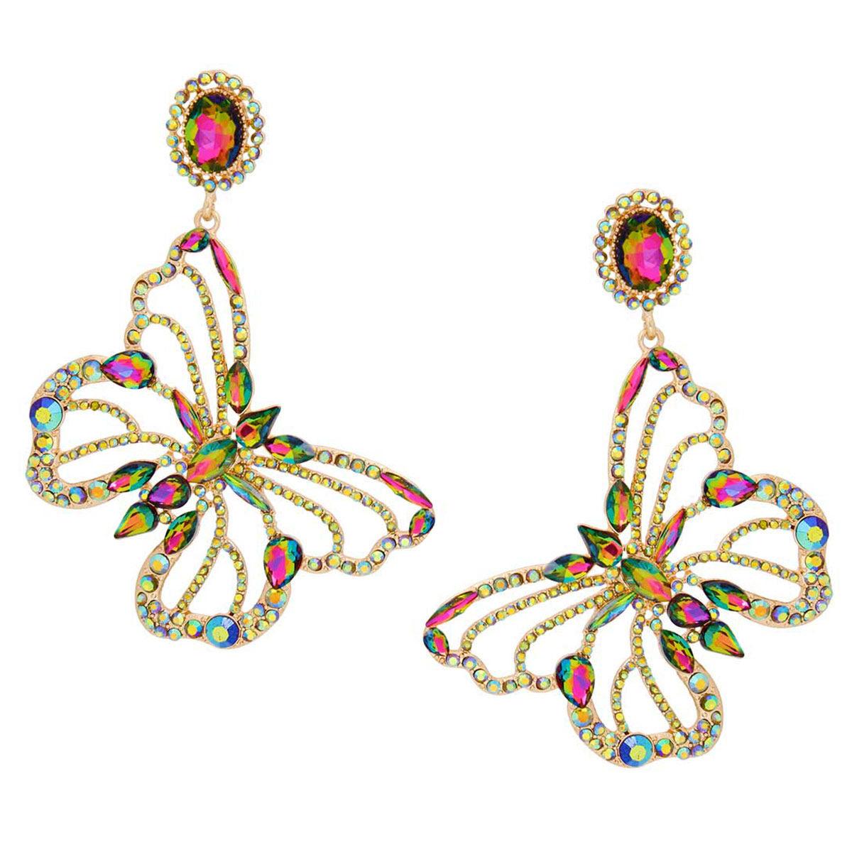 Clip On XLarge Pink Green Butterfly Earrings Women