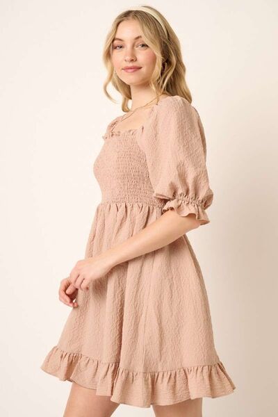 Taupe Smocked Ruffled Hem Half Sleeve Mini Dress: Your Go-To Pick for Chic and Easy Fashion Trendsi