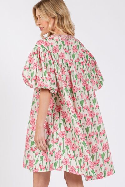 Floral Half Button Notched Puff Sleeve Pink Dress - Shop This Stylish Look Today Trendsi