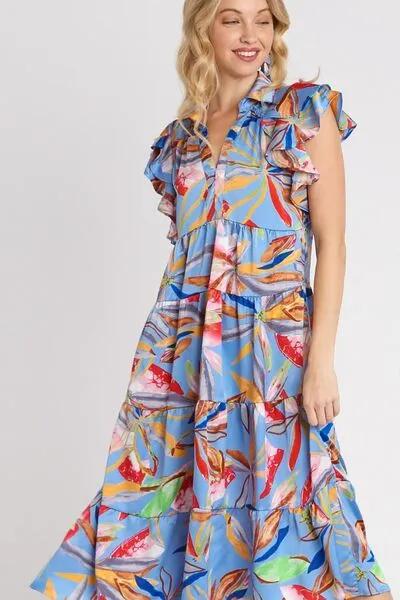 Playful Leaf Print Double Layered Ruffle Sleeve Tiered Midi Dress for Any Occasion