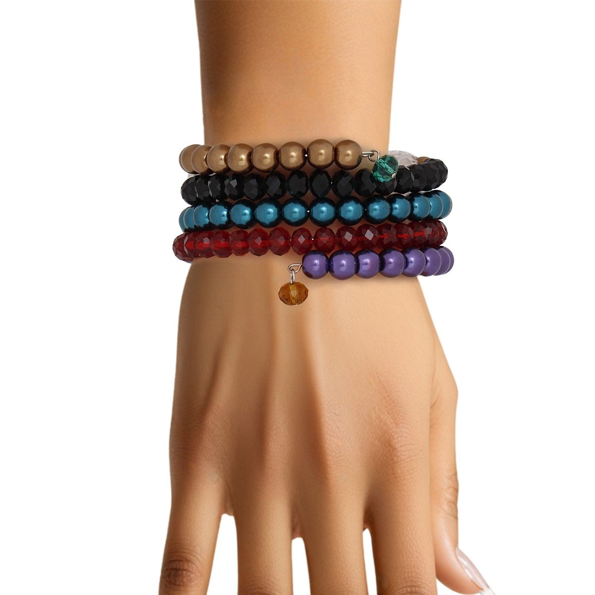 Multicolor Coil Memory Wire Bead Bracelet Spiral Acrylic & Glass Design