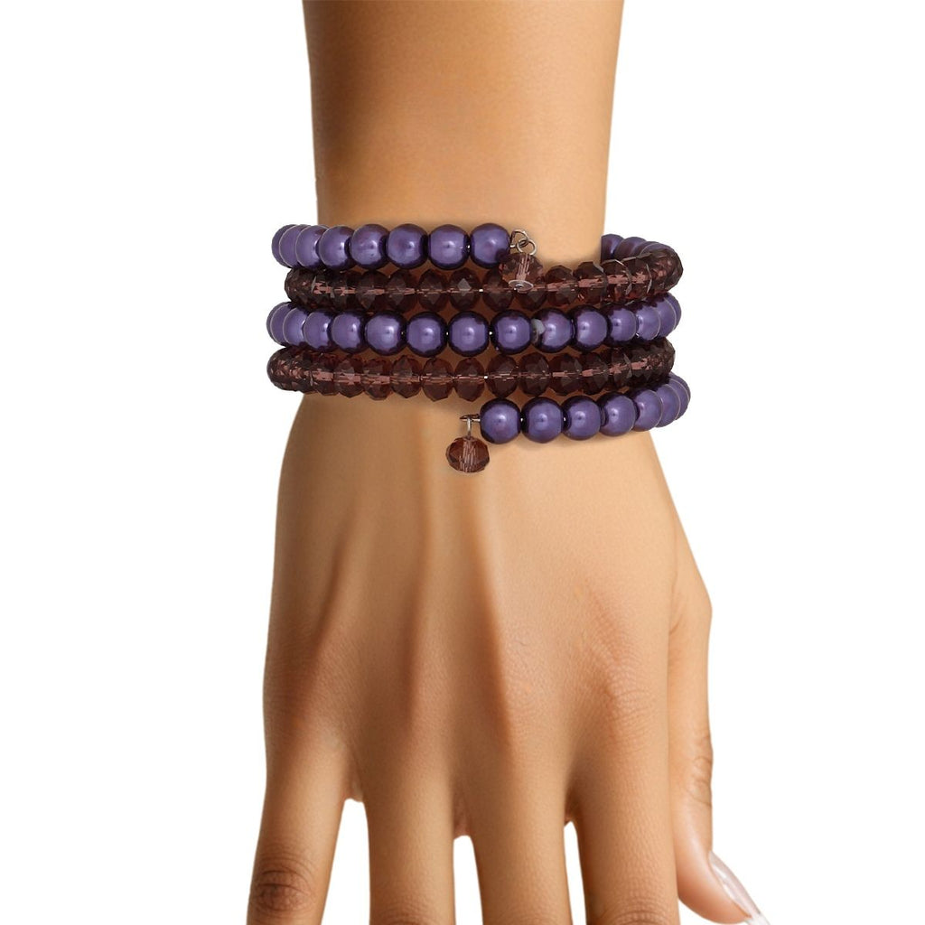 Purple Coil Memory Wire Bead Bracelet Spiral Acrylic & Glass Design