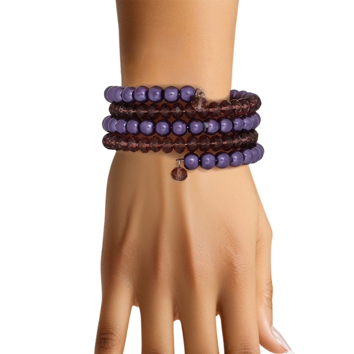 Purple Coil Memory Wire Bead Bracelet Spiral Acrylic & Glass Design