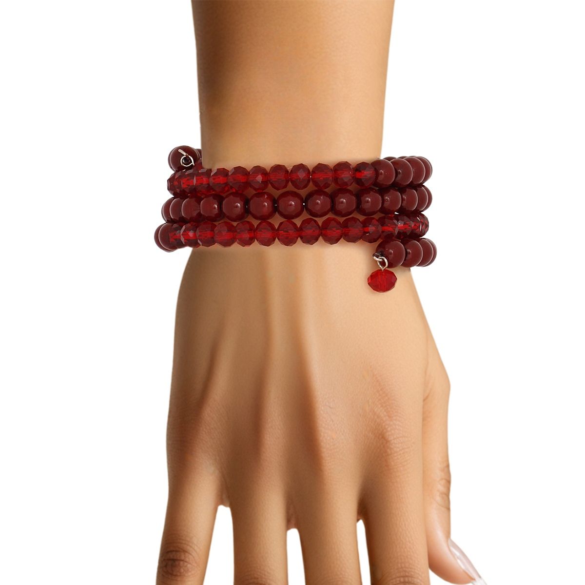 Red Coil Memory Wire Bead Bracelet Spiral Acrylic & Glass Design