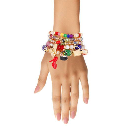 Rainbow Fashion Charm Bracelet Set – Gold & Colorful Beads, 5-Piece Boutique Charms Pinktown