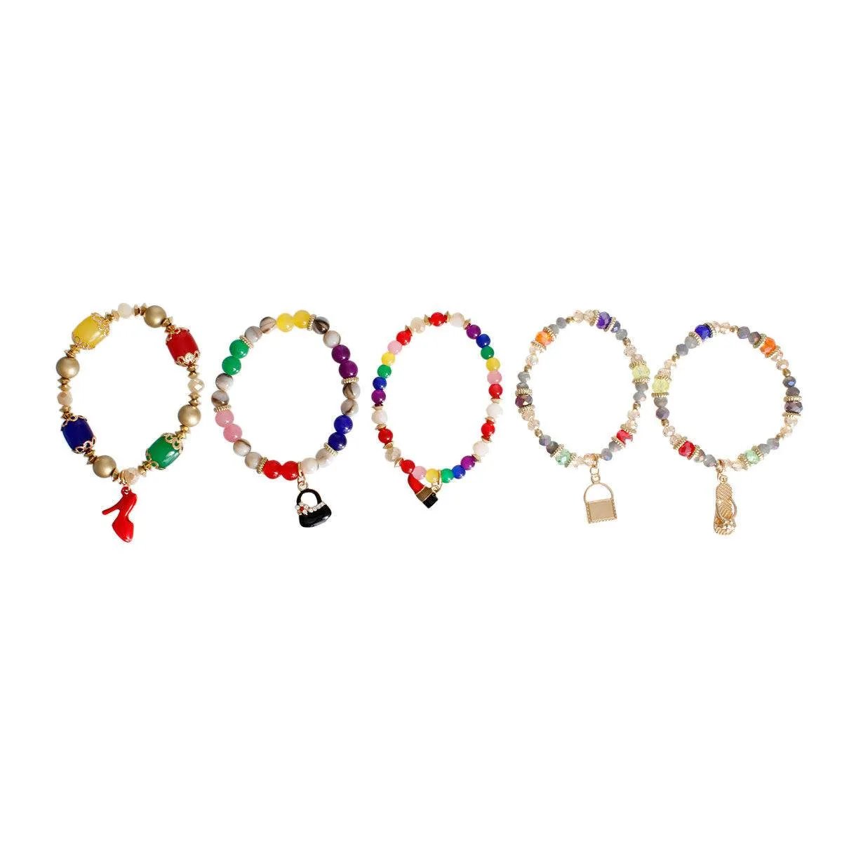 Rainbow Fashion Charm Bracelet Set – Gold & Colorful Beads, 5-Piece Boutique Charms