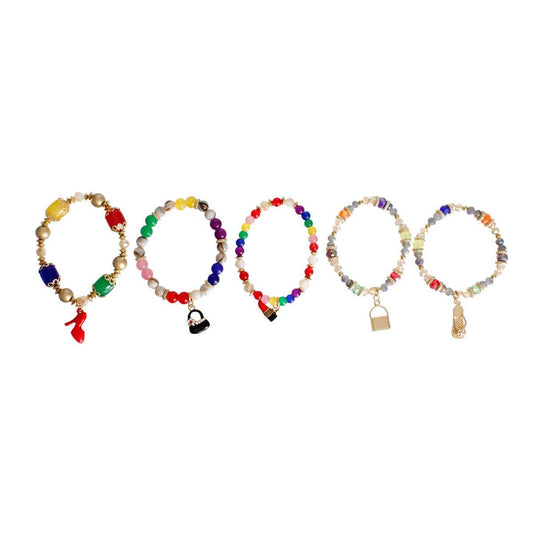 Rainbow Fashion Charm Bracelet Set – Gold & Colorful Beads, 5-Piece Boutique Charms Pinktown