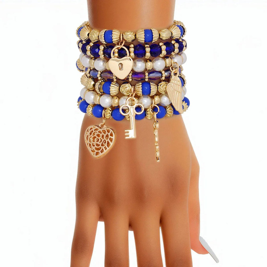 Women's Stretch Bracelet Set - Blue Beads & Gold Tone Charms
