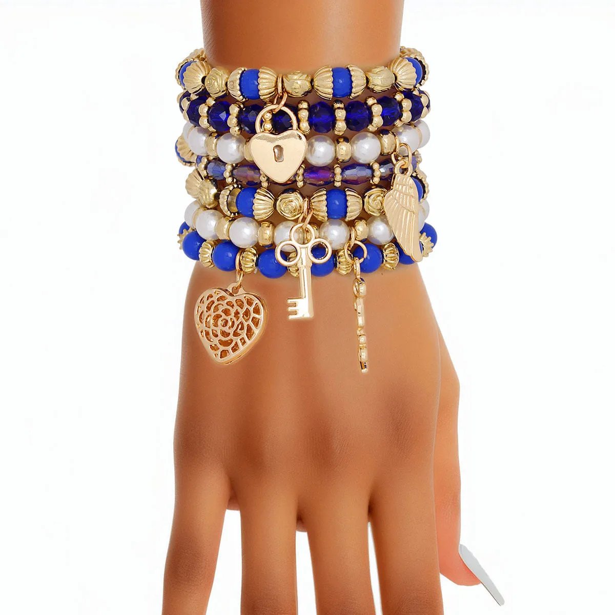 Women's Stretch Bracelet Set - Blue Beads & Gold Tone Charms