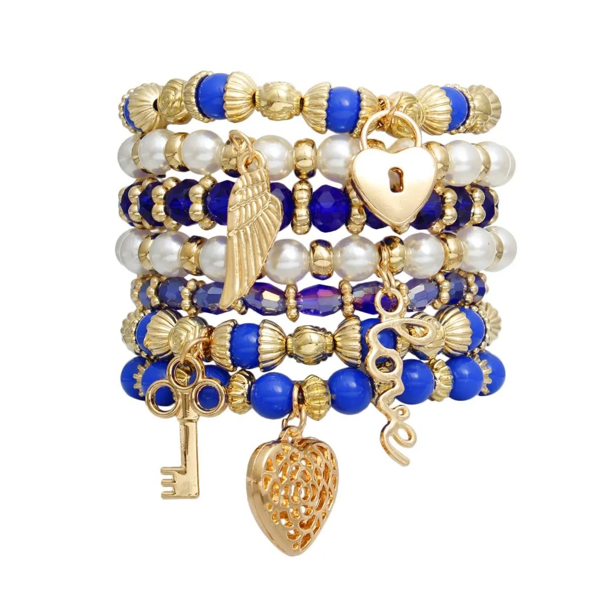 Women's Stretch Bracelet Set - Blue Beads & Gold Tone Charms