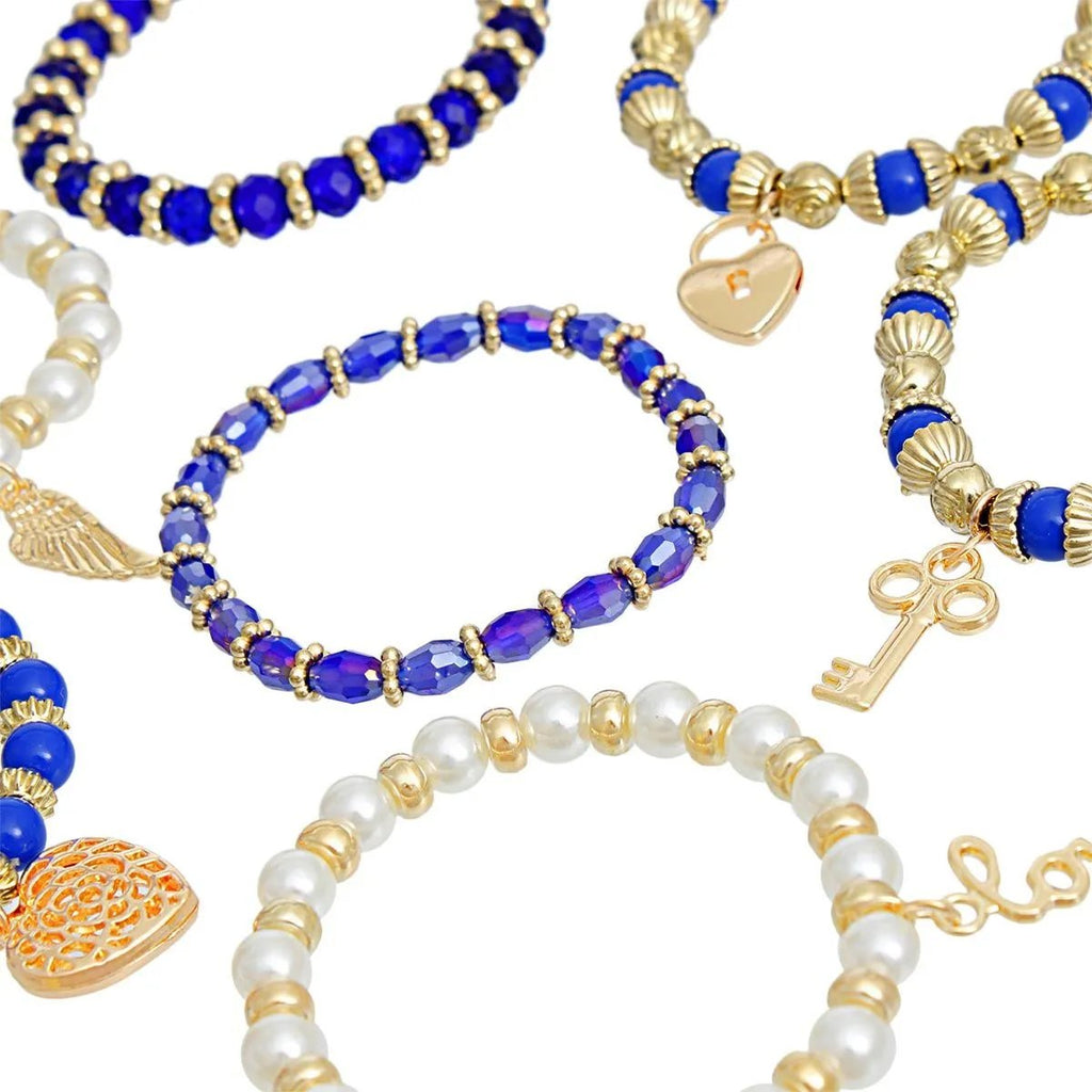 Women's Stretch Bracelet Set - Blue Beads & Gold Tone Charms