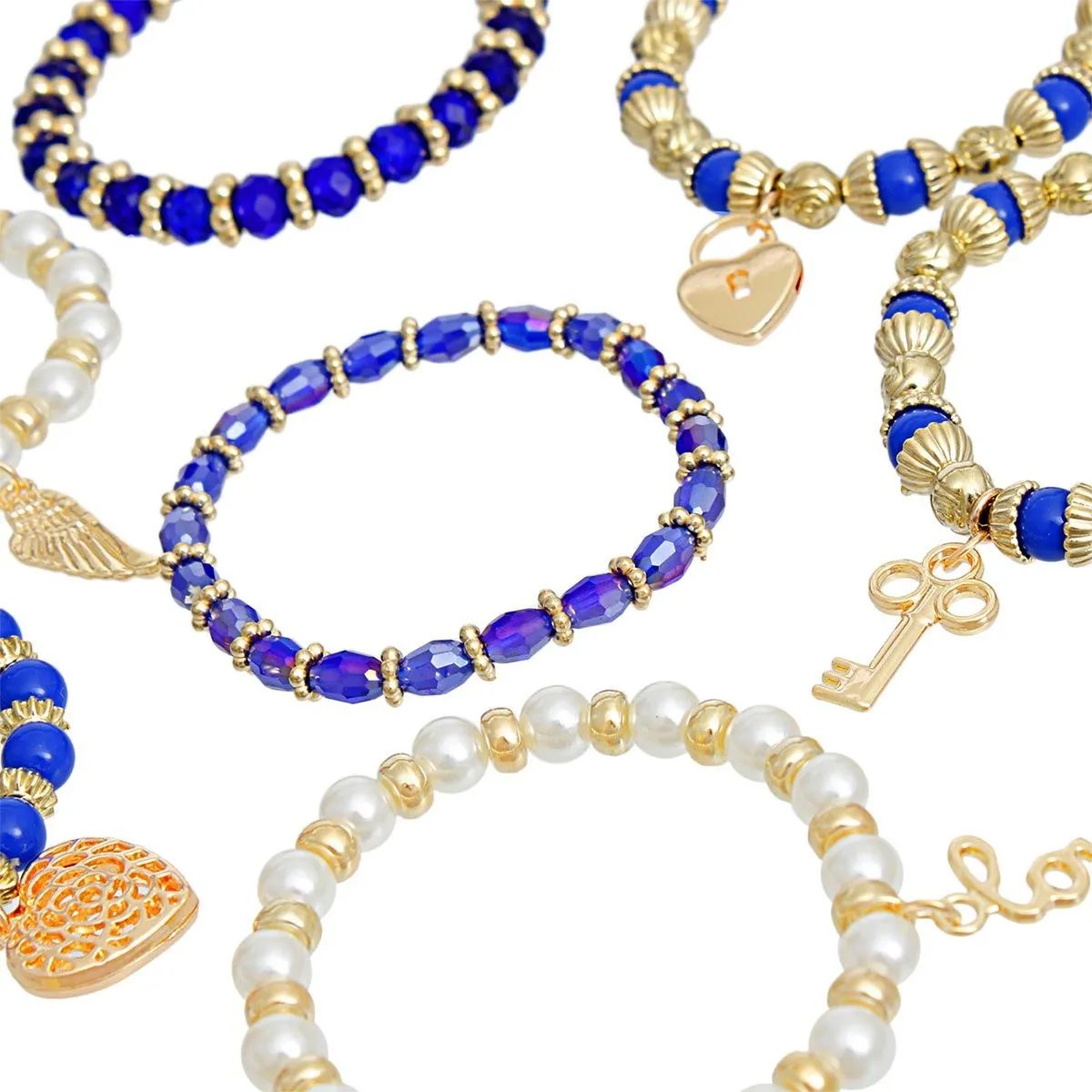 Women's Stretch Bracelet Set - Blue Beads & Gold Tone Charms