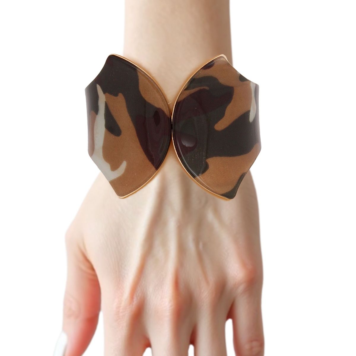 Camouflage Pointed Cuff Bracelet - Gold Tone Metal with Hinge Closure Statement Pinktown