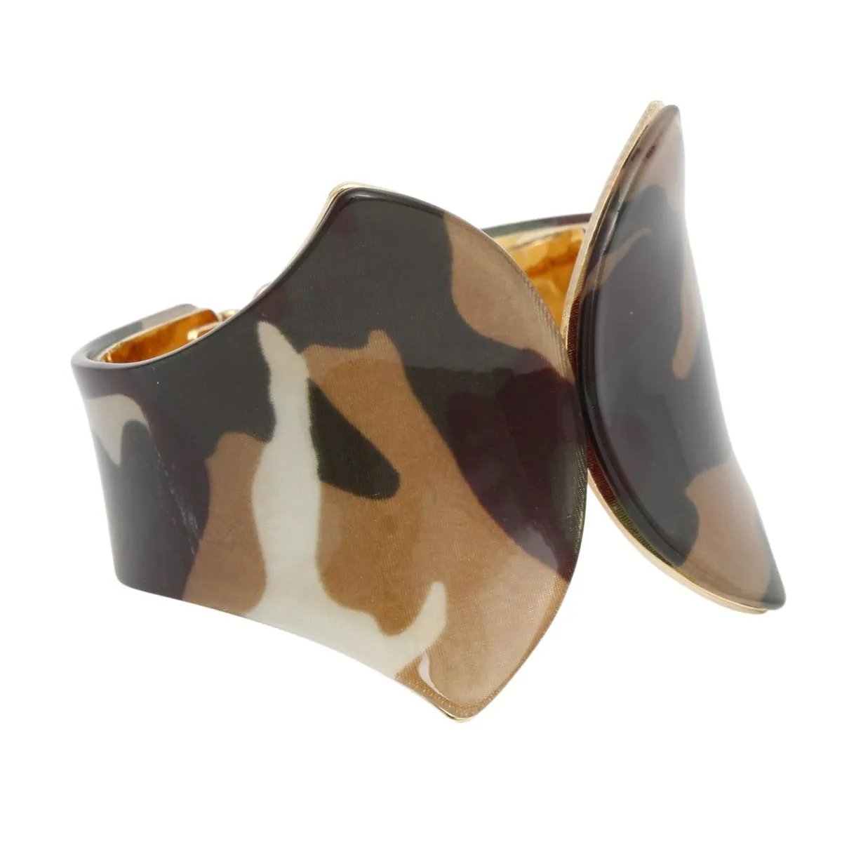 Camouflage Pointed Cuff Bracelet - Gold Tone Metal with Hinge Closure Statement