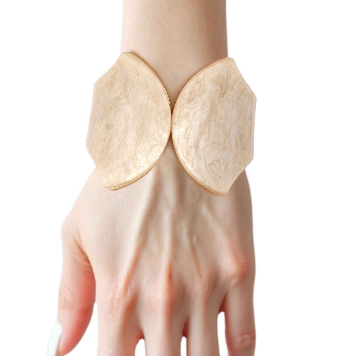 Gold Tone Pointed Cuff Bracelet with Marbled Ivory Resin Overlay – Wide Statement Women’s Jewelry Pinktown