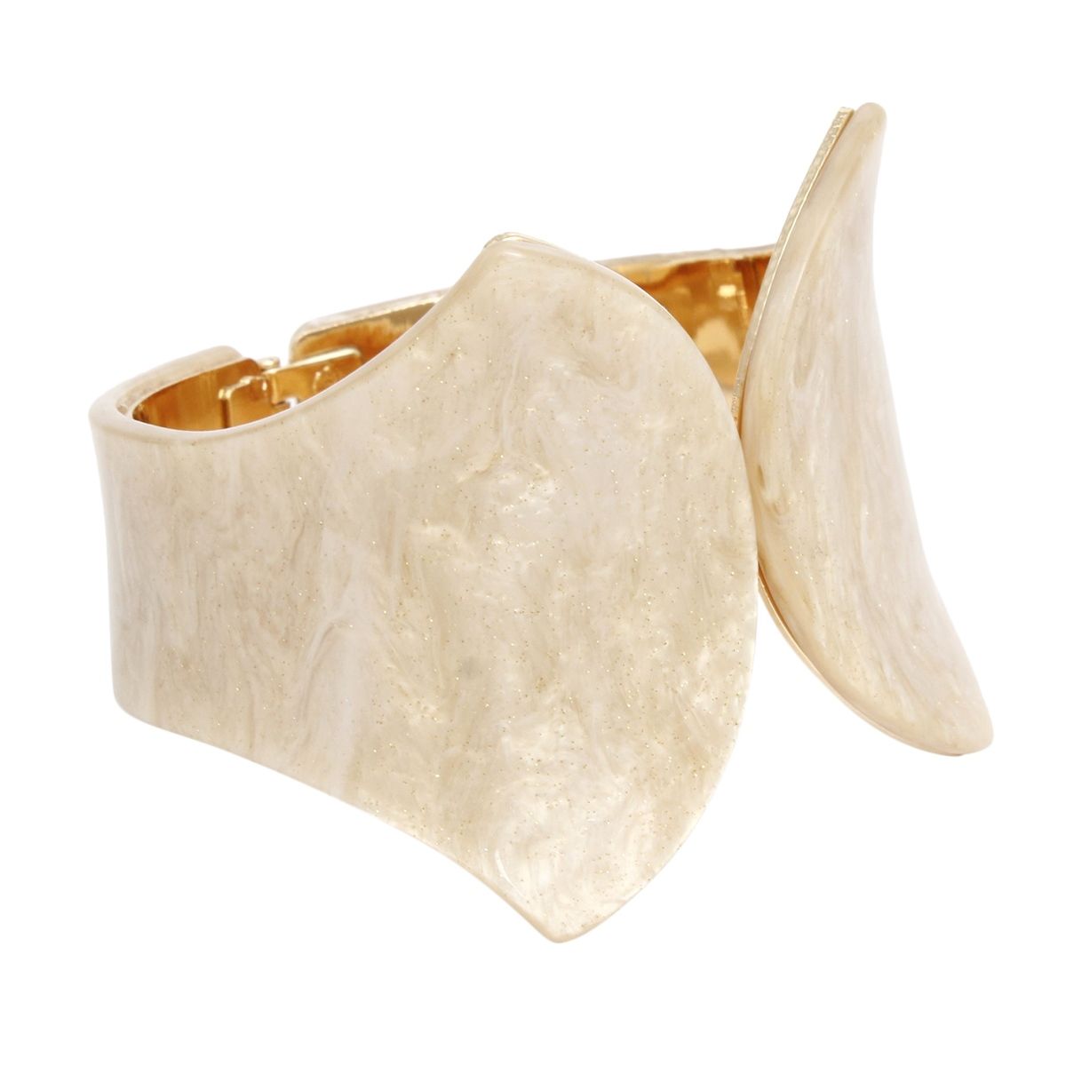 Gold Tone Pointed Cuff Bracelet with Marbled Ivory Resin Overlay – Wide Statement Women’s Jewelry Pinktown