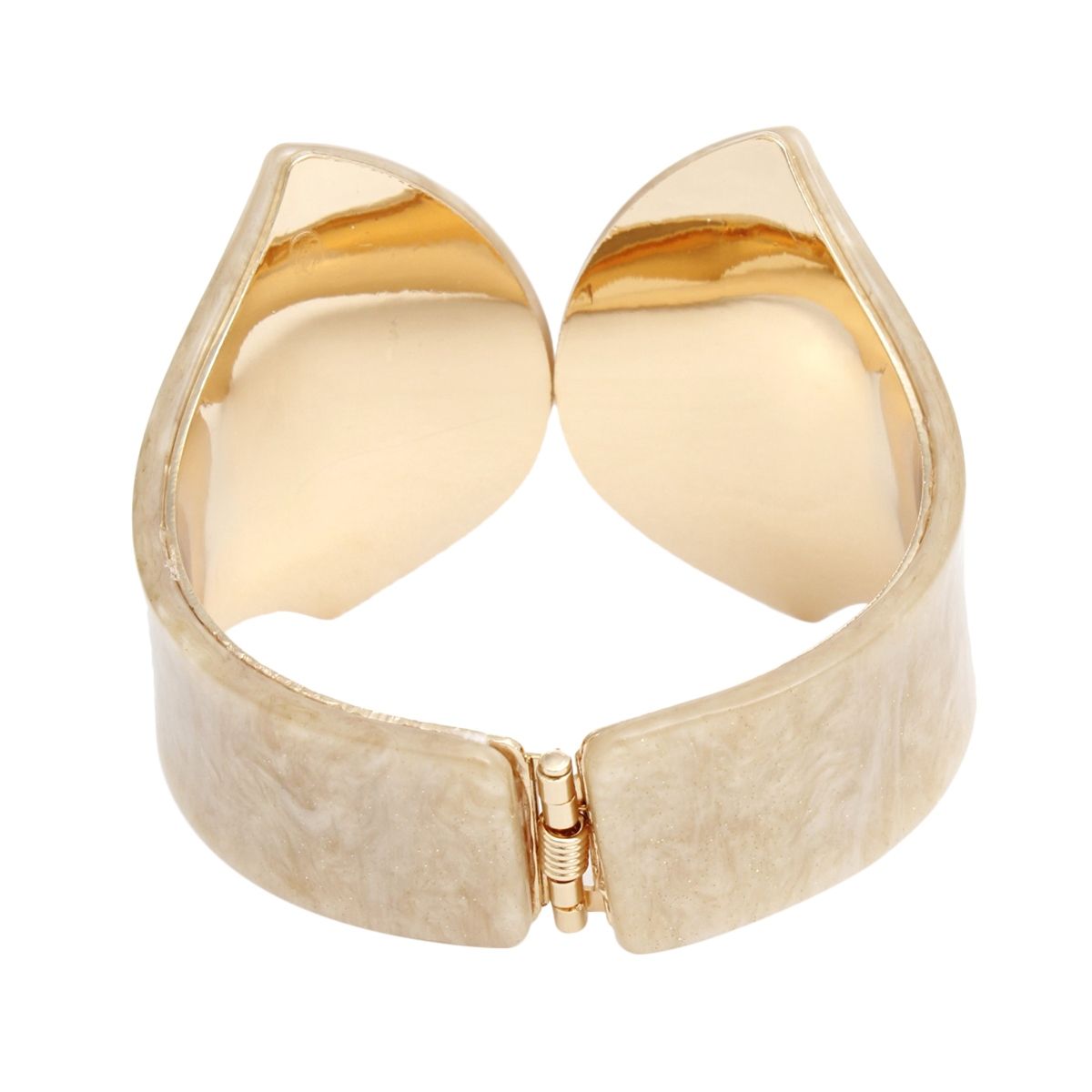 Gold Tone Pointed Cuff Bracelet with Marbled Ivory Resin Overlay – Wide Statement Women’s Jewelry Pinktown