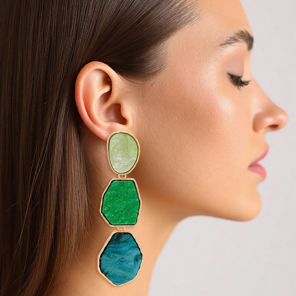 Green Marbled Acrylic Drop Earrings Gold Linked | Fashion Jewelry