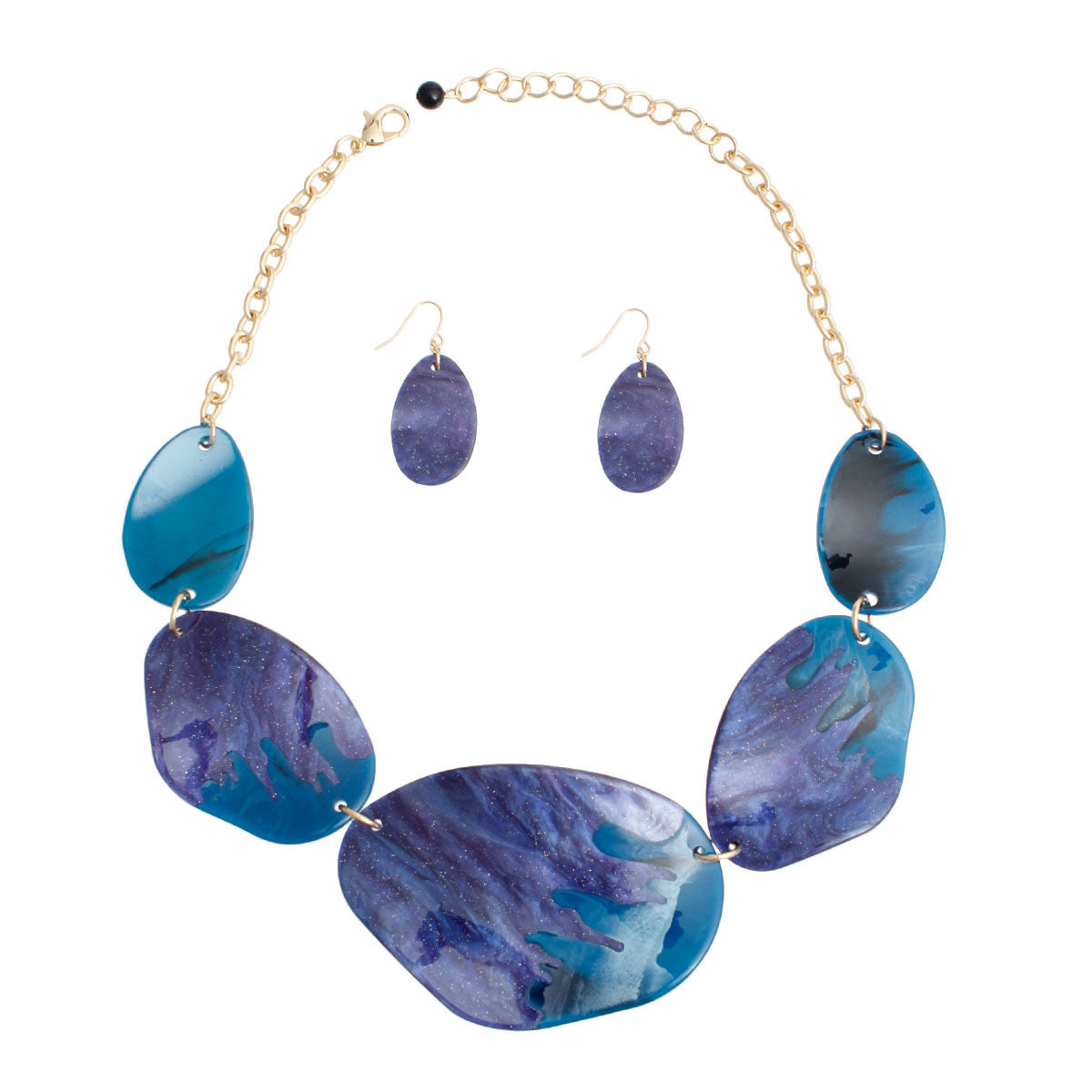 Marbled Blue Acrylic Necklace Gold Chain with Earrings | Fashion Jewelry