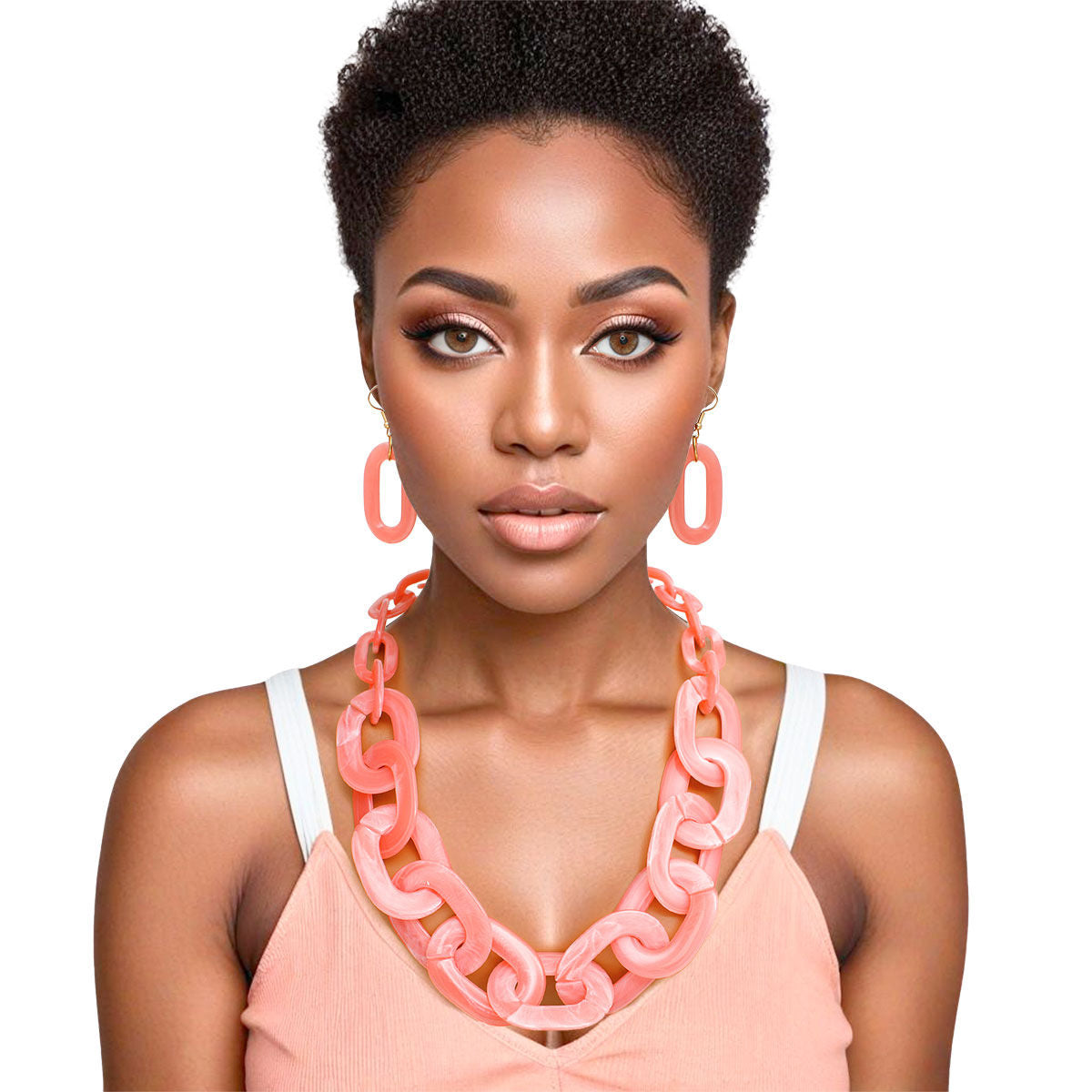 Marbled Pink Necklace Set Oval Link Fashion Statement Jewelry