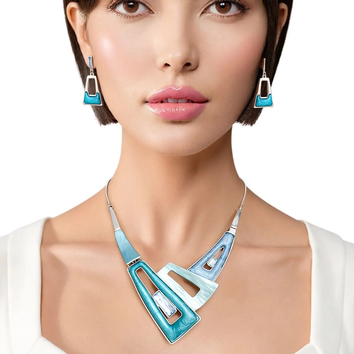 Geometric Blue Collar Necklace Set with Earrings | Statement Jewelry