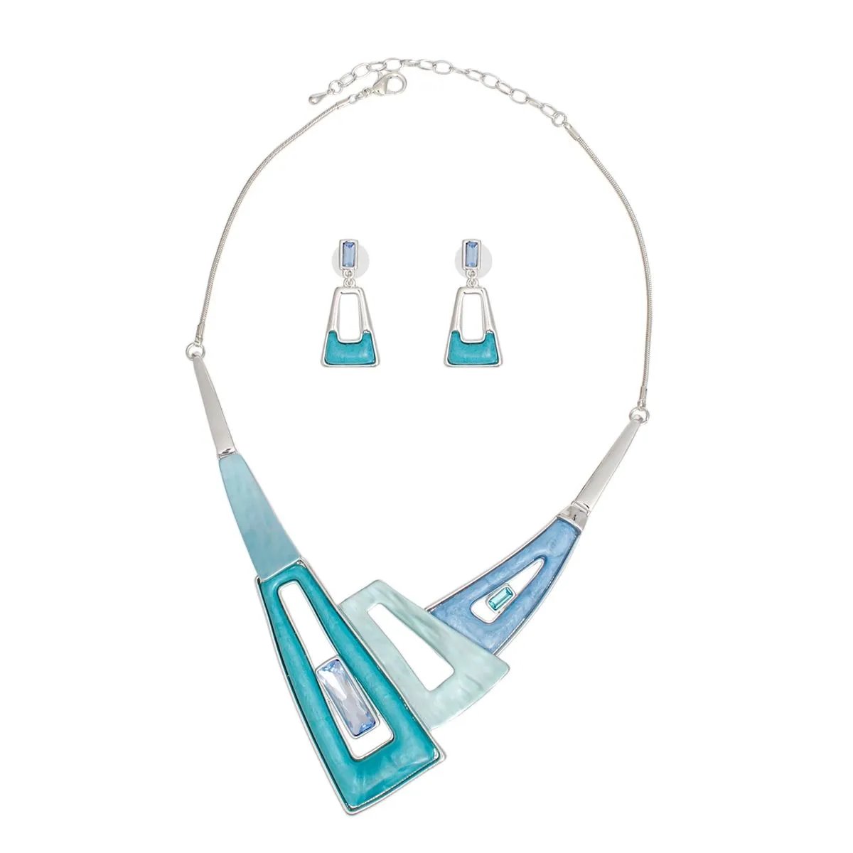 Geometric Blue Collar Necklace Set with Earrings | Statement Jewelry