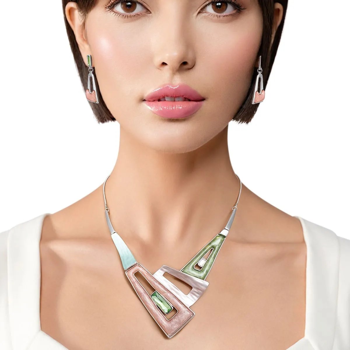 Geometric Collar Necklace Set Pink Green Acrylic Statement Jewelry
