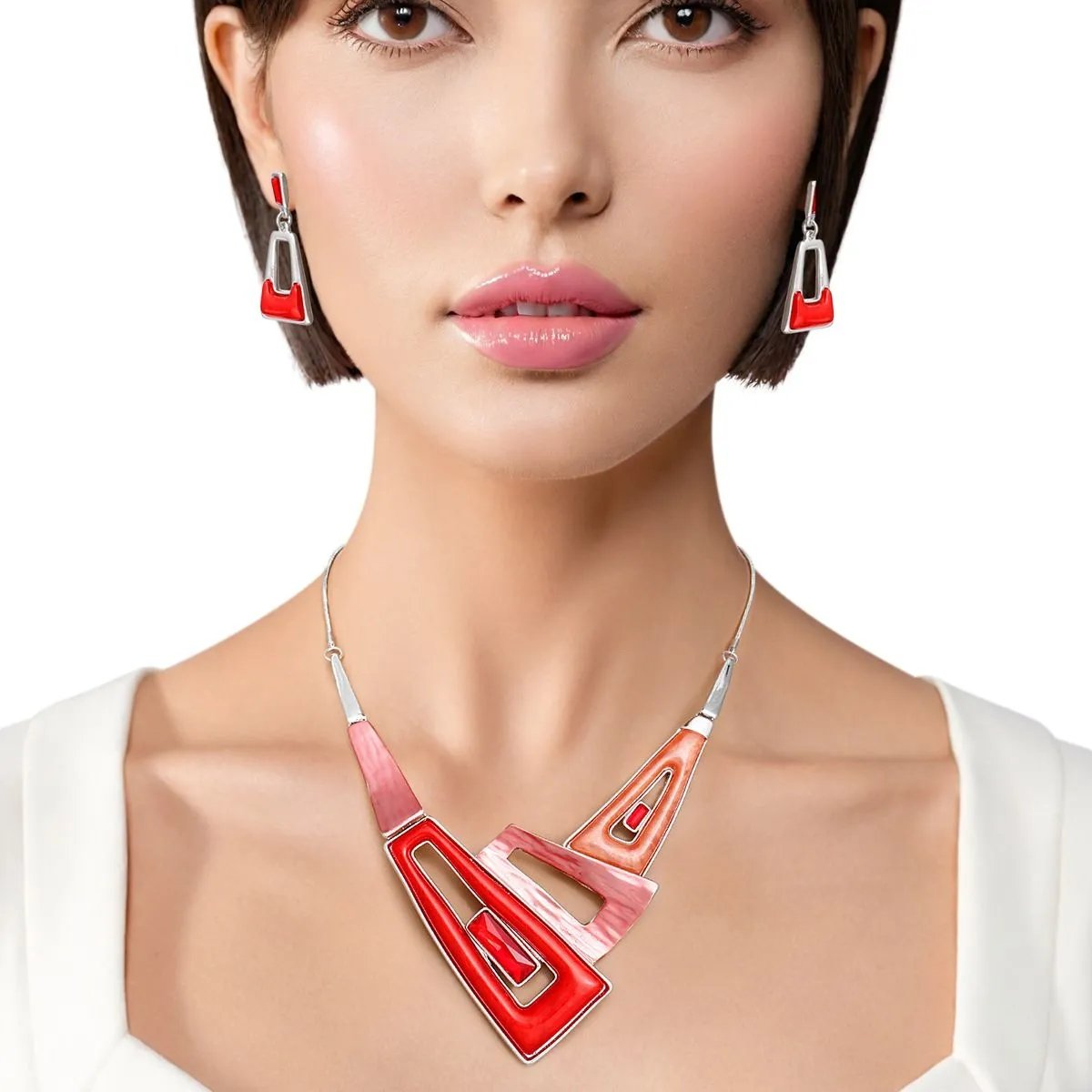 Geometric Red Collar Necklace Set with Earrings | Statement Jewelry