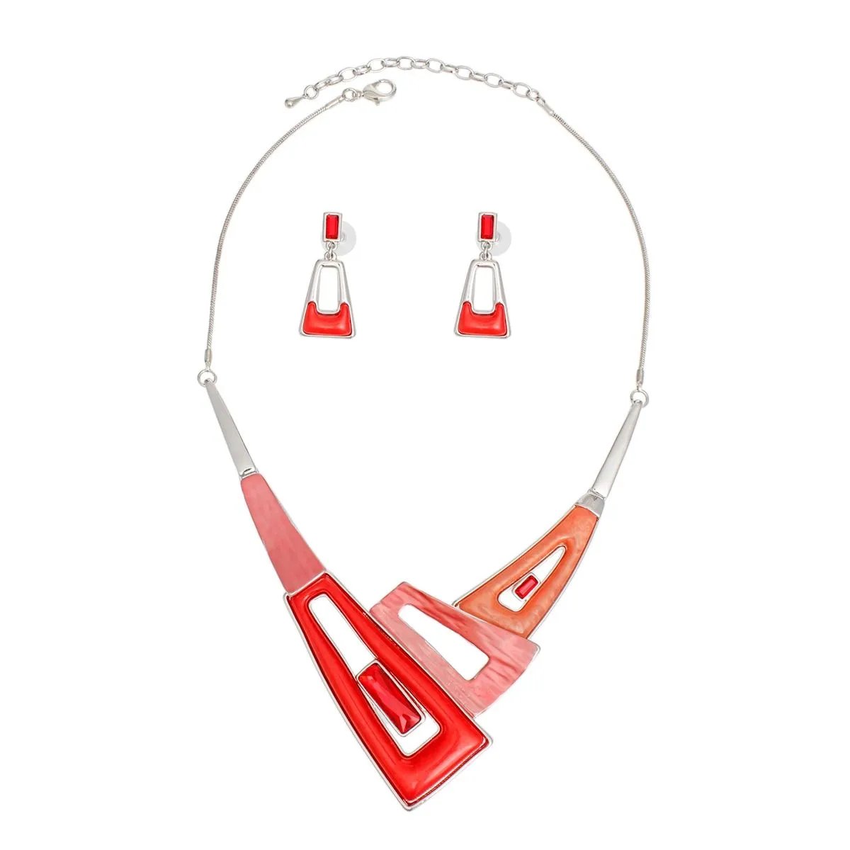 Geometric Red Collar Necklace Set with Earrings | Statement Jewelry