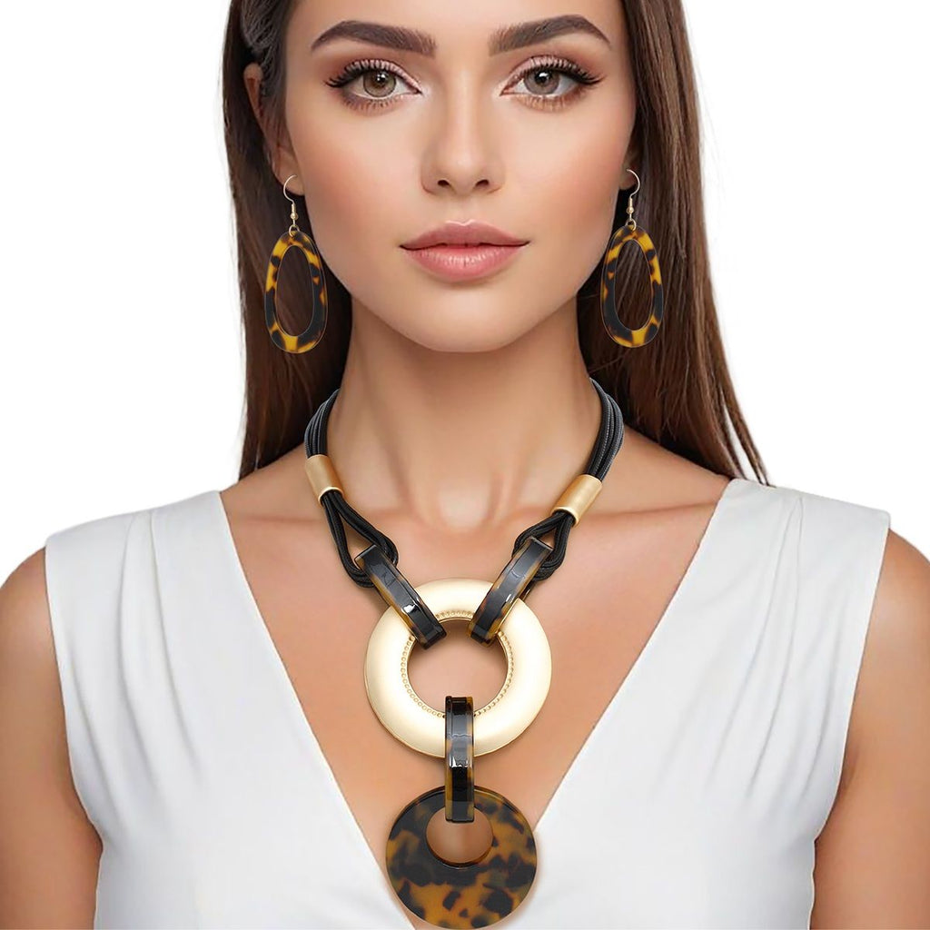 Multi Strand Leather Necklace Matte Gold Leopard Pendant & Earring Set